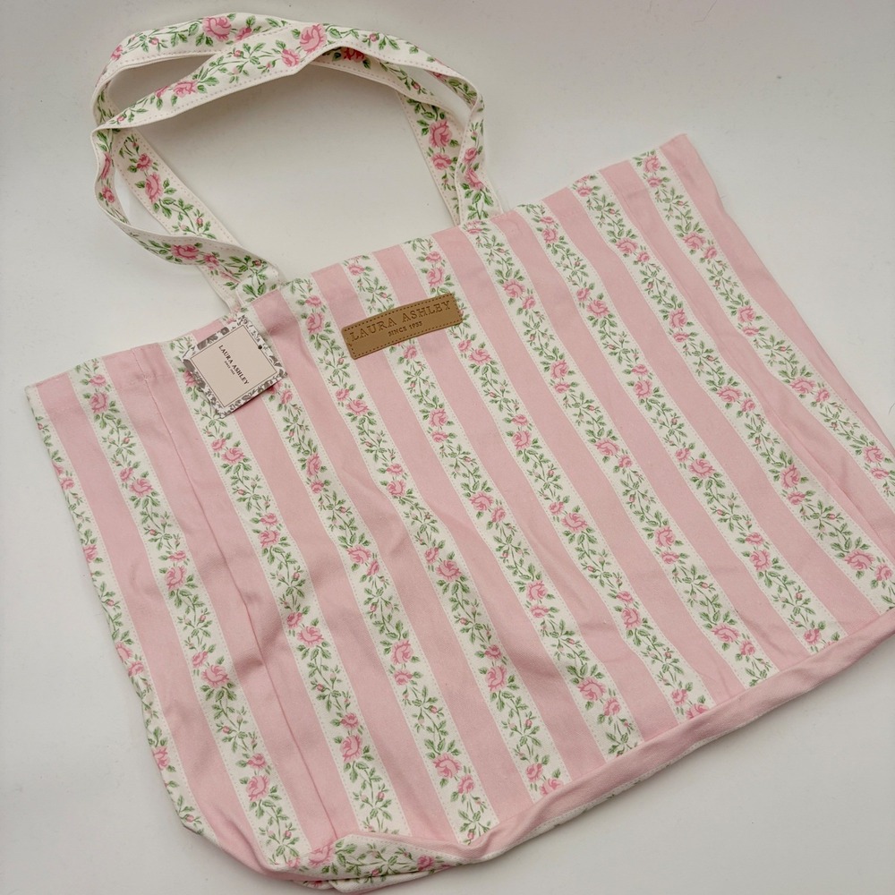 Laura Ashley Pink Floral Striped Canvas Tote Bag New Cottagecore Shopper